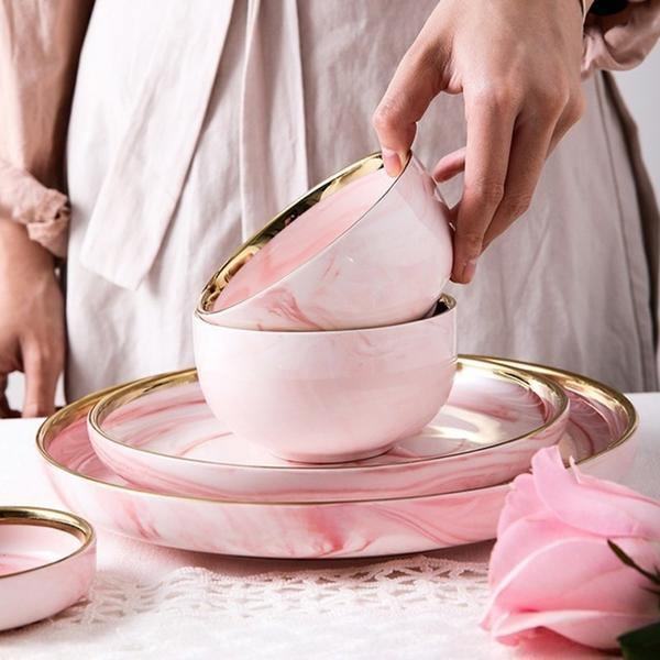 Pink Marble Ceramic Dinnerware Plates